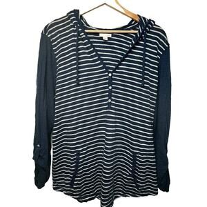 J. Jill Striped Hooded Top Navy White Large Lightweight Casual Pullover